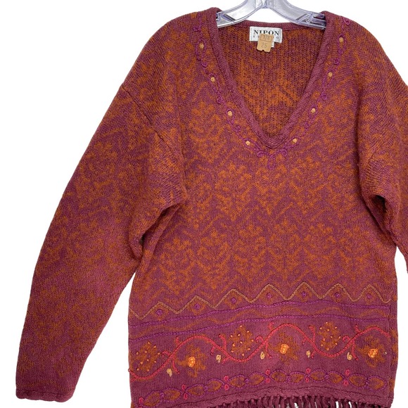 Nipon Studio Women's Vintage Sweater Embroidered Fringe Wool Cotton Red XL - Picture 8 of 16